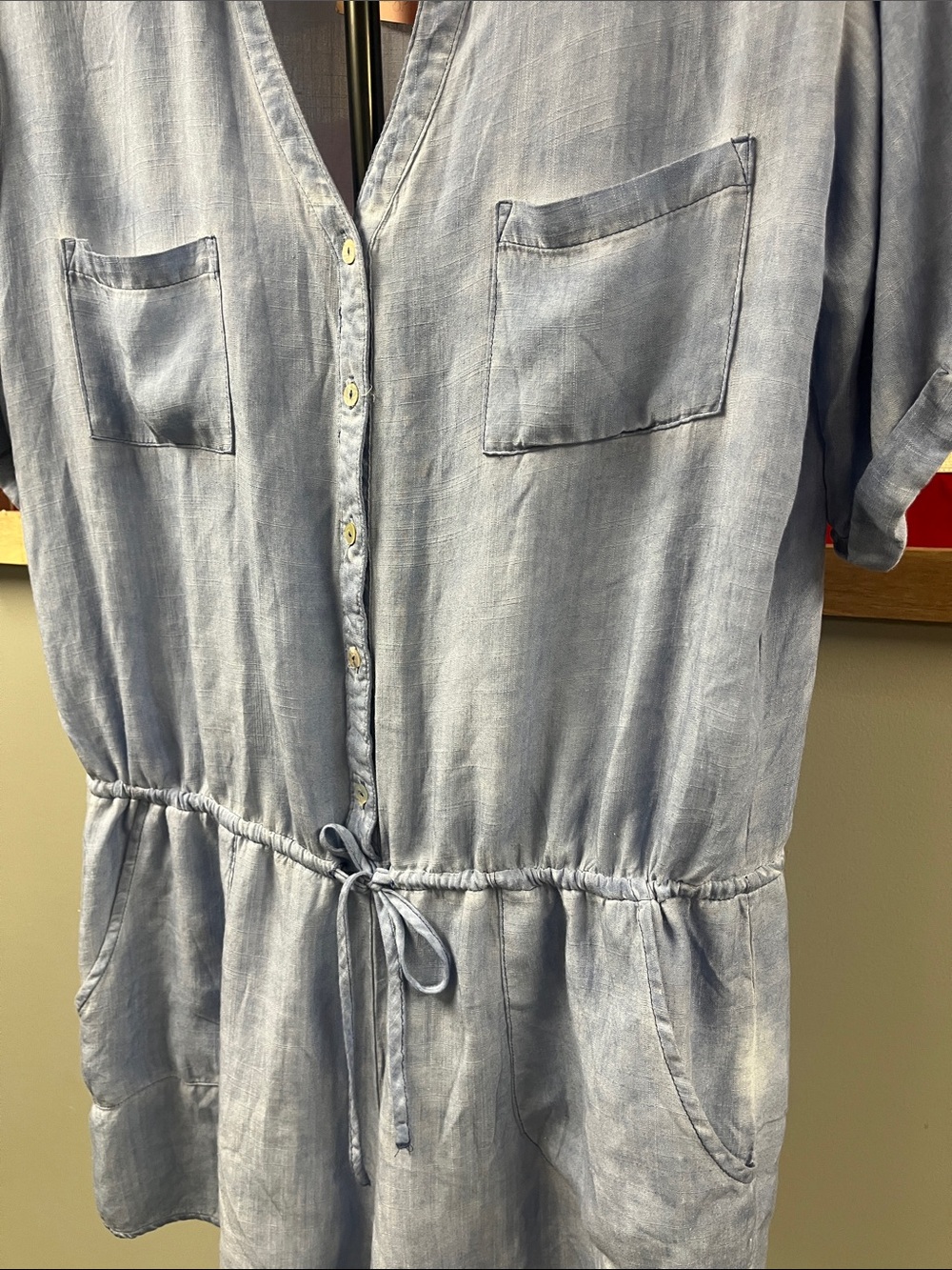 Light Blue Button-Front Drawstring Tunic Romper - Picture 2 of 4